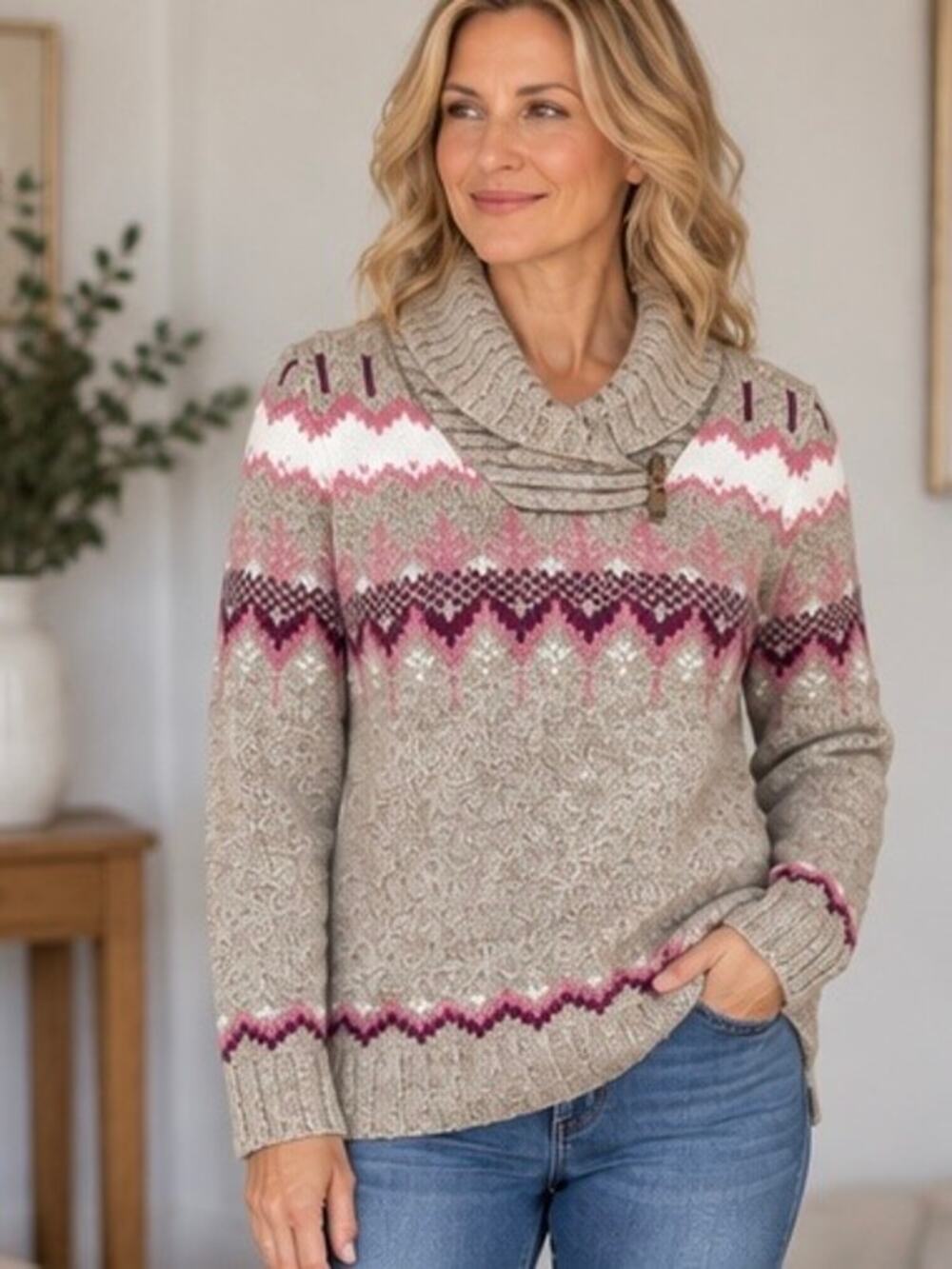 Orvis Women’s Fair Isle Shawl Collar Sweater Size Small Beige Pink Nordic Toggle